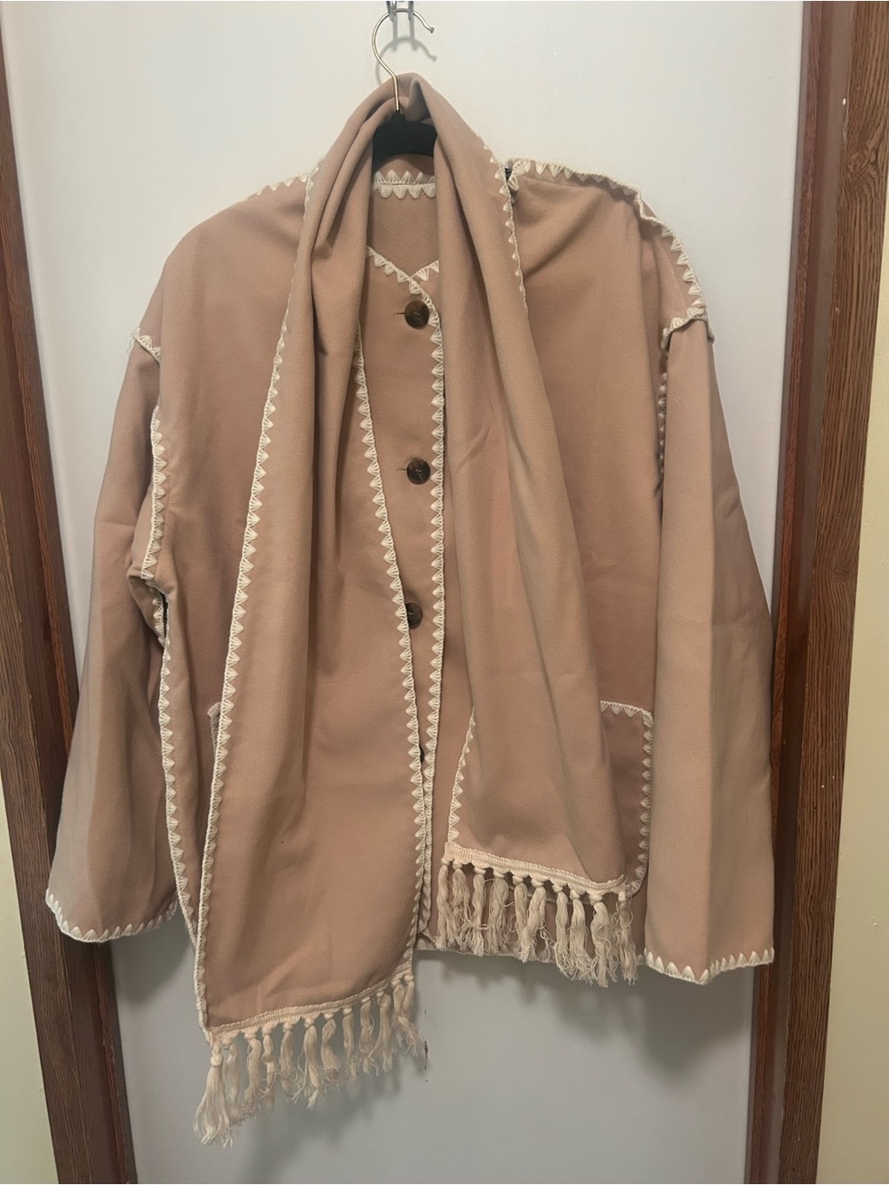 Women's Taupe Fringe-Trim Cape Jacket with Contrast blanket Stitching